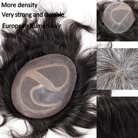 Lishy Toupee for Men European Real Human Hair Replacement Systems Men Hairpieces Fino Mono Lace Center Thicker Skin PU Hair Piece for Man Wigs 8x10 Inches 1B Mixed 10% Grey White Hair