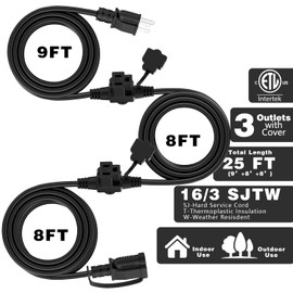 K KASONIC - Outdoor Extension Cord 25 FT, Evenly Spaced 3 Outlets Plugs, 16/3 SJTW Weatherproof Multiple Outlets Wire for Landscaping Light, Holiday Decoration and Christmas, ETL Listed, Black