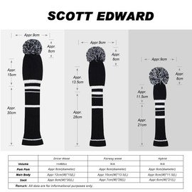 Scott Edward Knitted Golf Club Head Covers for Woods 3Pcs Set Golf Driver (460CC) Fairways and Hybrid/UT with Rotating Number Tags(Black Stripes)