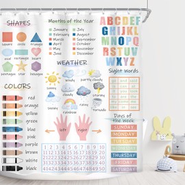 Imirell Kids Educational Shower Curtain 60Wx72H Inches Boho Watercolor Alphabet Pastel Numbers Shapes Colors Weather Knowledge Child Nursery Bathroom Home Decor Polyester Fabric 12 Plastic Hooks
