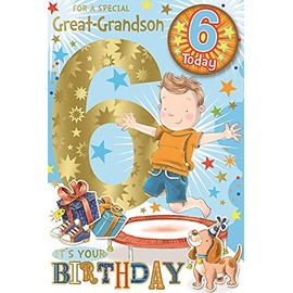 Great-Grandson 6th Birthday Card & Badge - Boy on Trampoline with Gold Foil 9" x 6"