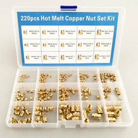 220Pcs Threaded Brass Inserts,M2,M2.5,M3,M4,M5,M6 and 1/4"-20 Heat Set Inserts and Brass Metric Knurled Nuts Assortment Kit for Plastic and 3D Printing Components