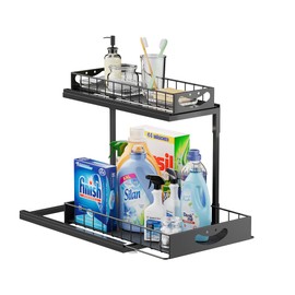 JAQ Under Kitchen Sink Organizer, 2 Tier Metal Slide Out Under Cabinet Storage Shelves Rack for Kitchen Bathroom Pantry Lanudry, Attractive emoji Smile Handle (Black, 1 Pack)