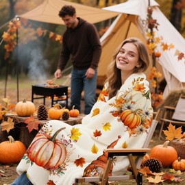 yuboo Fall Pumpkin and Gnome Throw Blanket, Soft Orange Autumn Maple Leaves Blankets and Throws for Couch, Fall Themed Thanksgiving Farmhouse Home Decor Gifts, 50"x60"