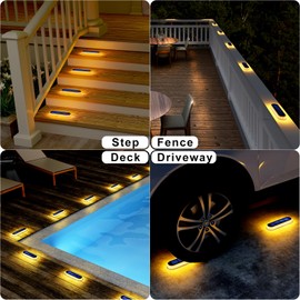 DetarZinLED Solar Step Lights Outdoor Waterproof LED, 4 Pack Warm White Flat Solar Powered Deck Lights for Outside, Stick on Light Bar for Stair, Dock, Patio, Garden, Path, Walkway, Driveway, Porch