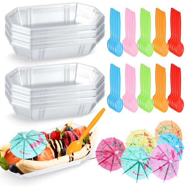200 Pack Clear Plastic 12 oz Banana Split Boat Plate Set Include 50 Pcs Disposable Ice Cream Sundae Bar Supplies 50 Pcs Paper Umbrella and 100 Pcs Multicolored Spoons for Dessert Dish Parties Serving
