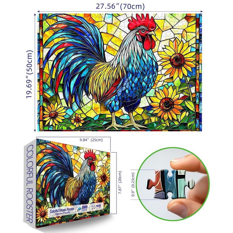 Stained Glass Rooster Puzzles for Adults 1000 Pieces Colorful Rooster