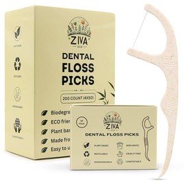 Ziva Eco Biodegradable Dental Floss Picks, 200 Count, PLA Corn Straw Material, Eco-Friendly, Plant Based, Shred Resistant Floss