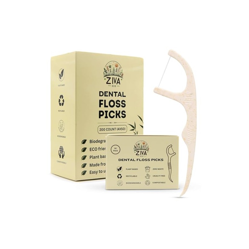 Ziva Eco Biodegradable Dental Floss Picks, 200 Count, PLA Corn