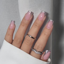 BTArtbox Press on Nails Short - French Tip Press On Nails Square, Silver Glue On Nails, Long Lasting & Natural Stick On Nails in 16 Sizes - 30 Fake Nails Kit, Rock Star