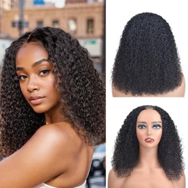 AceWig U Part Human Hair Wig Curly Human Hair for Black Woman No Leave Out Clip Kinky Curly V Part Wig Human Hair Curly Beginner Friendly No Sew in No Glue 200% Density Natural Color 14 Inch