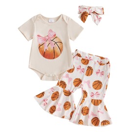 Infant Baby Girl Outfit Basketball Bow Print Short Sleeve Romper Flare Pants Headband 3Pcs Newborn Girl Summer Clothes Set (Khaki, 12-18 Months)