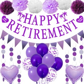 VeyoCraft Retirement Party Decorations for Women - Purple Happy Retirement Banner Balloons, Garland Paper Pompoms Bunting Farewell Decor for Retired Coworker