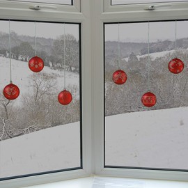 ArtiClings 12 x Bauble Window Clings with Glitter Patterns and Strings Colour = Red