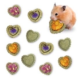 SunGrow 12 Heart Hay Cookies for Small Pets, 4 Flavors of Timothy Cakes, Plain, Rose, Myosotis, Calendula, Edible Chew Blocks for Oral Care, 2”, 5.5 oz