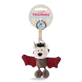 Nici 47550 7 cm Talisminis, Bat Cuddly Toy Pendant with Key Ring for Lanyard, Key Holder, Bag Pendant with Message, Grey/Red
