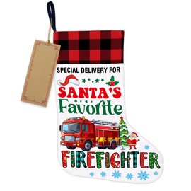 TSUYAWU Firefighter Christmas Stocking Gift Special Delivery for Santa's Favorite Firefighter Xmas Stocking Hanging for Fireplace Wall Stairs Holiday Xmas Decoration 18 x 12 Inch