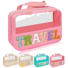 Iqimott - Bolsa de chenilla con parche de carta, bolsa de maquillaje transparente, Pink-Travel