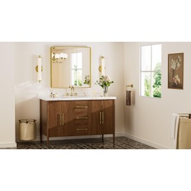 Keonjinn Gold Bathroom Mirror for Over Sink, 30" x 30" Brushed Brass Mirror, Large Rounded Rectangle Gold Vanity Mirror with Metal Frame, HD Tempered Glass Square Wall Mirror(Horizontal/Vertical)