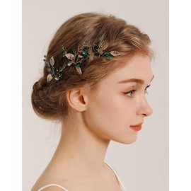 YUEKISEN Gold Leaf Green Crystal Hair Pins Bride Rhinestone Wedding Hair Pins Clips Crystal Hair Accessories for Women Bridesmaid Head Jewelry