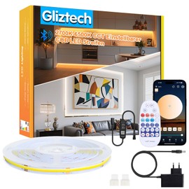 5 m COB LED Strip, 3000 K - 6500 K Dimmable Warm White to Cool White Ultra Bright COB Strip, Under-Unit Light Kitchen LED with Remote Control & Smart BT App Control LED Strip for Bedroom, Living Room