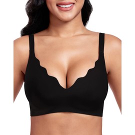 Vinfact Women's Bras Plunge V Floral Non Wired Bra Wireless Push up Bra Padded Comfort Everyday Bra Black L