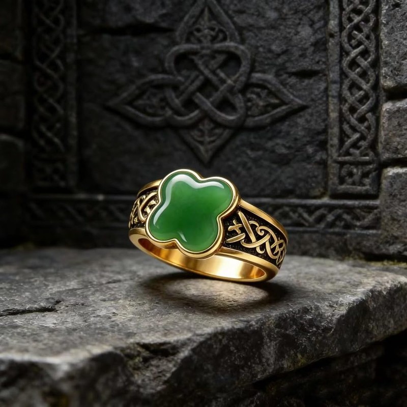 THJEW Vintage Lucky Four-Leaf Clover Natural Aventurine Jade Ring, 18K