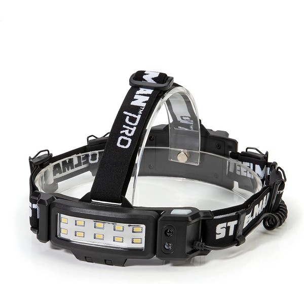 Steelman Pro Slim Profile Rechargeable LED Motion Activated Headlamp, 250-Lumen, 3 Brightness Settings, Illuminates up to 20 Meters, Removable Hard Hat Clips, Water-Resistant