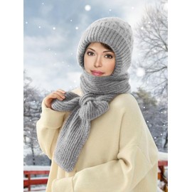 Sumolux Integrated Ear Protection Windproof Cap Scarf Elastic Knitting Thick Warm Conjoined Ear Protection Knitted Winter Grey