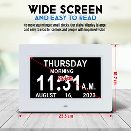 Digital Low Vision Clock for Elderly & Visually Impaired - Large Display with Date, Day, Year, Alarms, Medication Reminders, Multimedia Playback, Easy-to-Read Screen, Bonus Magnifying Key Ring