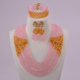 aczuv 8 Lines Statement Strand Necklaces Nigerian Wedding African Beads Jewelry Set Crystal Bridal Jewelry Sets (Pink Champagne Gold AB)