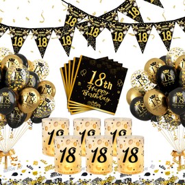 YEJIKJ Decoration 18th Birthday Boy, 18th Birthday Table Decoration Man Women, 18th Black Gold Birthday Decoration Balloons, 18 Year Happy Birthday Party Decorations Set with Lantern Confetti Napkins