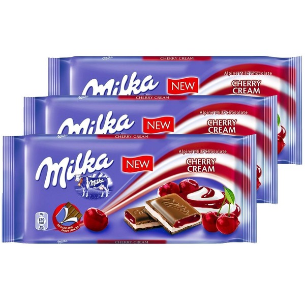 Milka Cherry Cream Milk Chocolate, 100g/3.5oz (Cherry Cream, PACK OF 3)