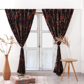 Madhu International Bohemian Velvet Curtain Panel – 52"x72", One Panel, Soft & Luxurious, Floral Tropical Print, Decorative Drapes for Living Room & Bedroom, Home Aesthetic, Rod Pocket Style - Black