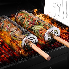 Stainless Steel Grill Basket, Pack of 2 Grill Accessories with Wooden Handle - Rolling Cylindrical Grill Basket - for Outdoor Camping, Vegetable Grill Basket, Grilled Vegetables, Meat Skewers, Seafood