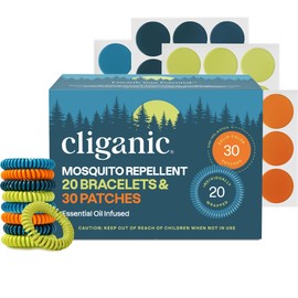 Cliganic Mosquito Repellent Pack (20 Bracelets + 30 Stickers) - for Kids & Adults, Natural DEET-Free, Essential Oil Infused