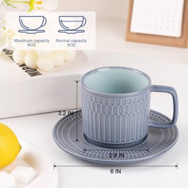 WHITEPEONY Large Cappuccino Cups with Saucers Set of 4, 8 Ounce Stackable Embossed Ceramic Coffee Mugs for Specialty Coffee Drinks, Latte, Cafe Mocha and Tea, Dishwasher & Microwave Safe (Blue)