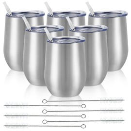 6 Pack Stainless Steel Wine Tumblers, 12Oz Insulated Wine Tumbler, Double Wall Insulated Wine Glass, Stainless Steel Stemless Wine Cups with Lids for Coffee, Wine, Cocktails, Champaign, Silver