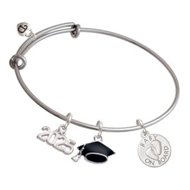 Delight Jewelry Silvertone Baby on Board with Feet - Silvertone Class of 2025 Graduation Charm Bangle Bracelet