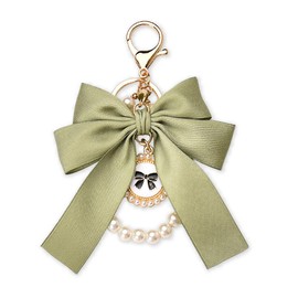 Bow Pearl Wristlet Key Ring for Womens Car Keys Organizer Pearl Keychains for Keys Aesthetic Bow-Knot Key Chains Key Accessories for Women Christmas Green Bow Key Ring Wrist Lanyard