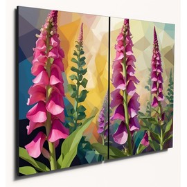 The Plum Penguin Cubist Foxglove Wall Art | Dual A4 Wooden Panels | Colorful Home Decor MDF Print Canvas Alternative 40 x 30cm