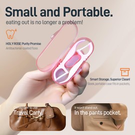 Holy Rose Pink Dental Floss Picks with Travel Flosser Case - 6-Box Pack (10 Double String Flossers Each) - Easy Teeth Clean for Adults, Perfect for Home and On-The-Go Flossing