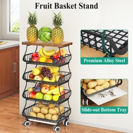 SAYZH Fruit Basket Kitchen Pantry Organizers and Storage - Wooden Top Table, Stackable Metal Wire Basket Stand Cart for Fruit Vegetable Snacks Onion Potato Organization, Black