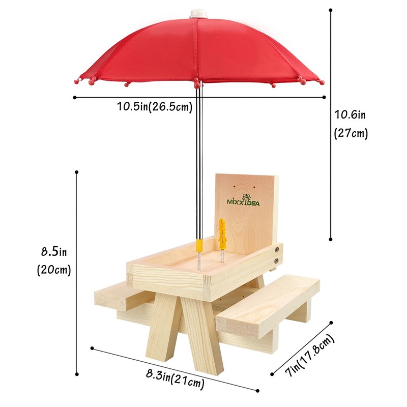 MIXXIDEA Squirrel Feeder Table with Umbrella, Wooden Squirrel Picnic Table