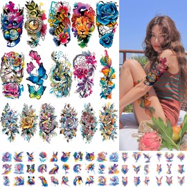 SZINMAGIA 64 Styles Watercolor Animal Temporary Tattoos for Women 16 Sheets Half Arm Flowers Lions Cats Butterflies Waterproof Tattoos for Adults 48 Sheets Tiny Tattoo for Summer BBQ Beach Party