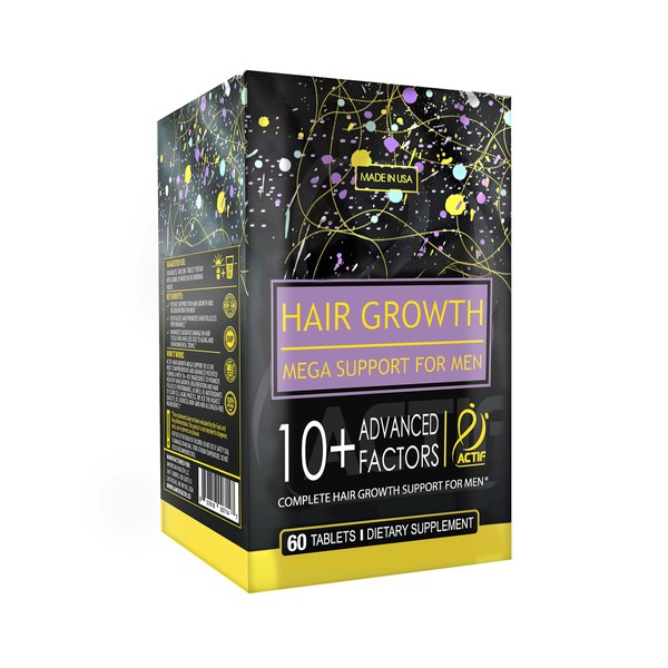 Actif Hair Growth for Men Mega Support 10+, Non-GMO, Stops 99% Hair Loss, Made in USA, 60 Count