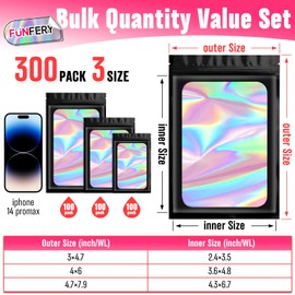 Funfery - Paquete de 300 bolsas holográficas de Mylar de 3 tamaños con ventana transparente, bolsas resellables, a prueba de olores, bolsas de aluminio con cierre de cierre, bolsa de embalaje para almacenamiento de alimentos, muestra, pequeñas empresas (