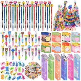 24 Pack Cute Cartoon Animal Stationery, Cute Stationery Party Supplies, With Rulers, BallPoint Pens, Pencils with Eraser, Sticky Notes etc.,for Birthday Goodie Bags School Classroom games Rewards.