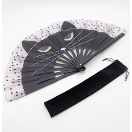 Modern Cat Face Picture, Large Folding Fan, Length 13.4 inches (34 cm), Opening Width 25.2 inches (64 cm), Fan Bag Included, Kung Fu Fan, Heat Protection, Sunshade, Event Performance (Black)