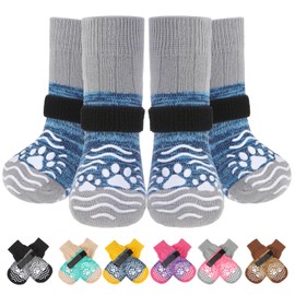 PUPTECK Anti Slip Dog Socks, Shoes with Grippers to Prevent Licking Hardwood Floors Traction, Rubber Boots & Paw Protectors, Senior Dogs Booties Navy Blue